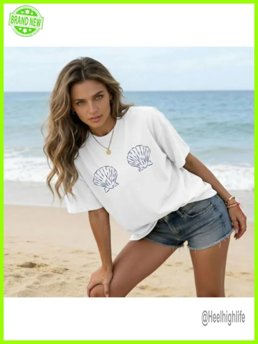 Oversized Seashell Graphic T-Shirt Cotton Blend Crewneck Tropical Summer Top